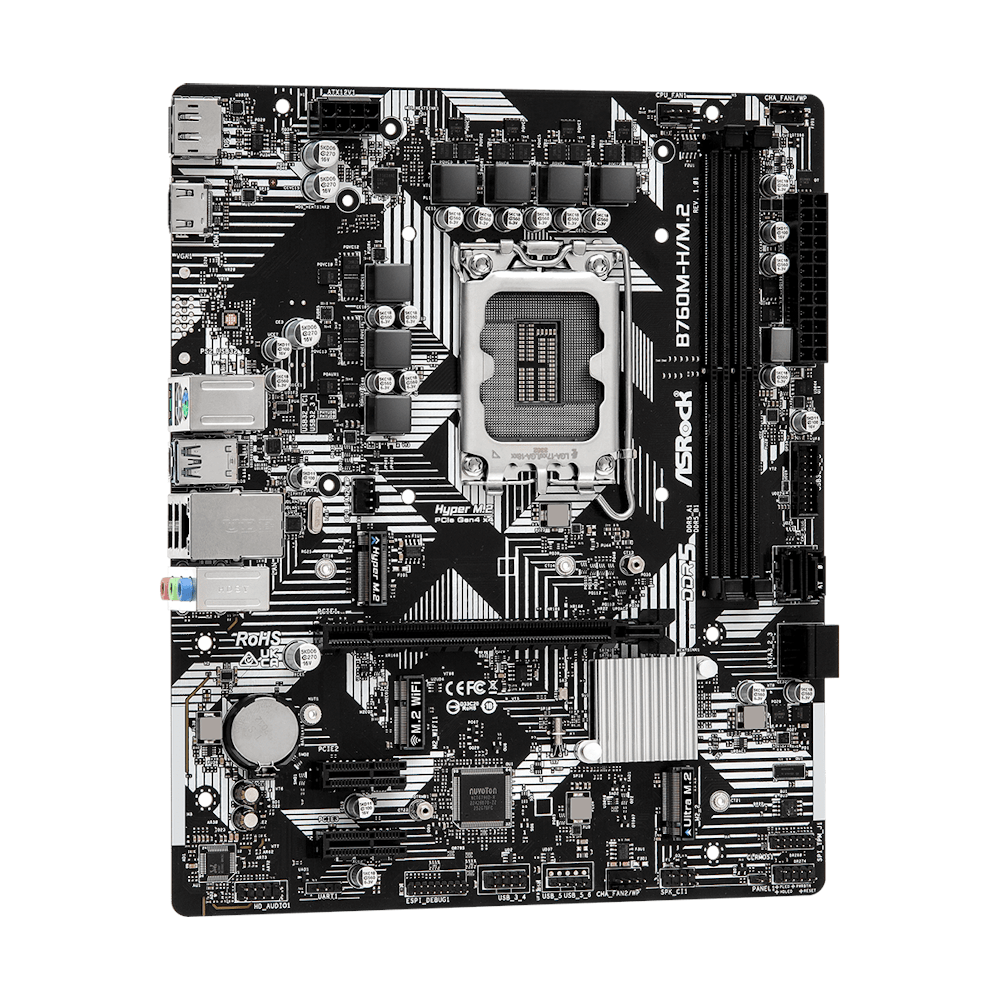 A large main feature product image of ASRock B760M-H/M.2 LGA1700 mATX Desktop Motherboard