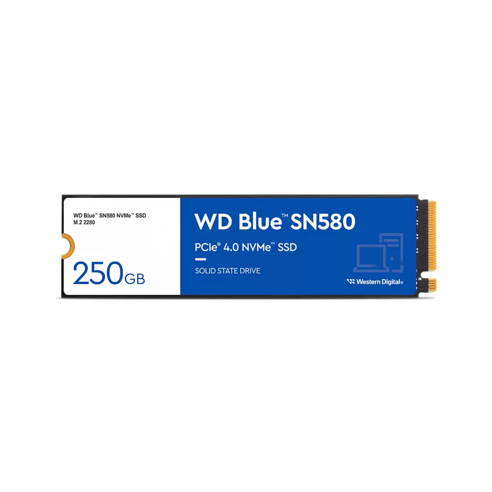 A large main feature product image of WD Blue SN580 PCIe Gen4 NVMe M.2 SSD - 250GB