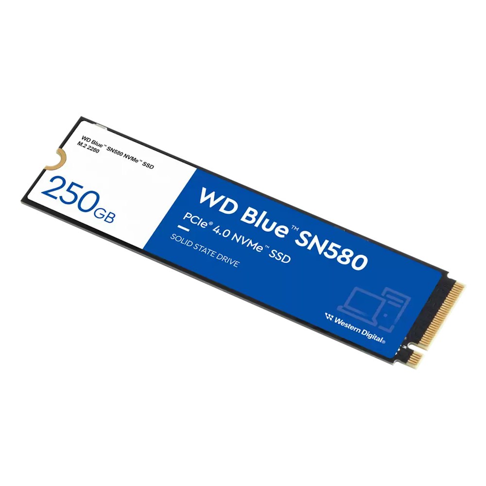 A large main feature product image of WD Blue SN580 PCIe Gen4 NVMe M.2 SSD - 250GB
