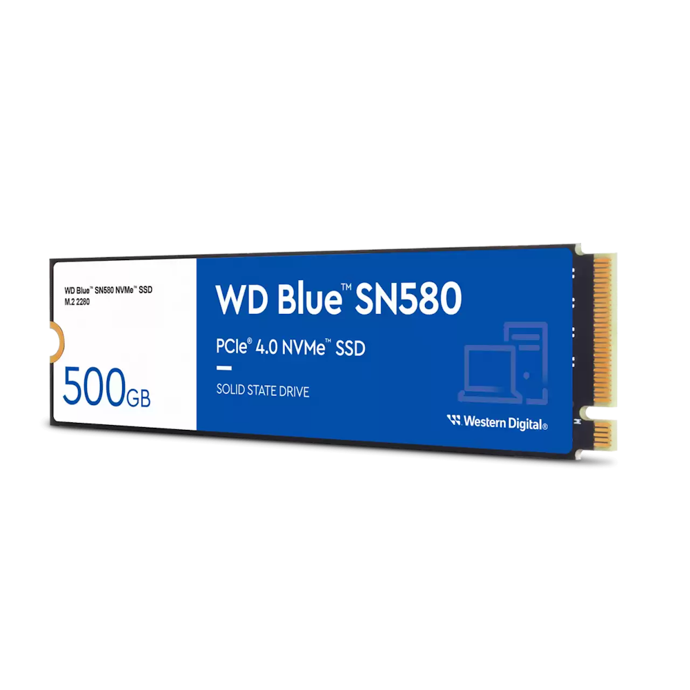 A large main feature product image of WD Blue SN580 PCIe Gen4 NVMe M.2 SSD - 500GB