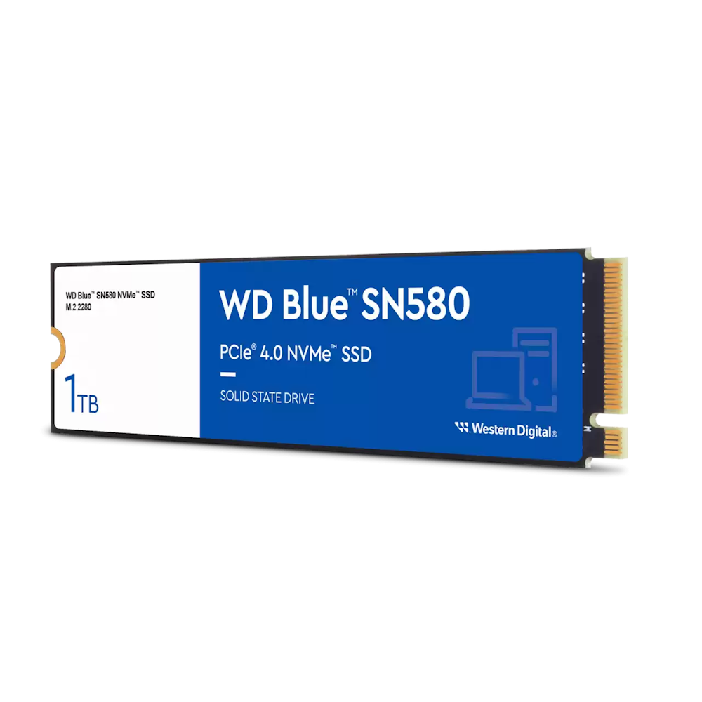 A large main feature product image of WD Blue SN580 PCIe Gen4 NVMe M.2 SSD - 1TB