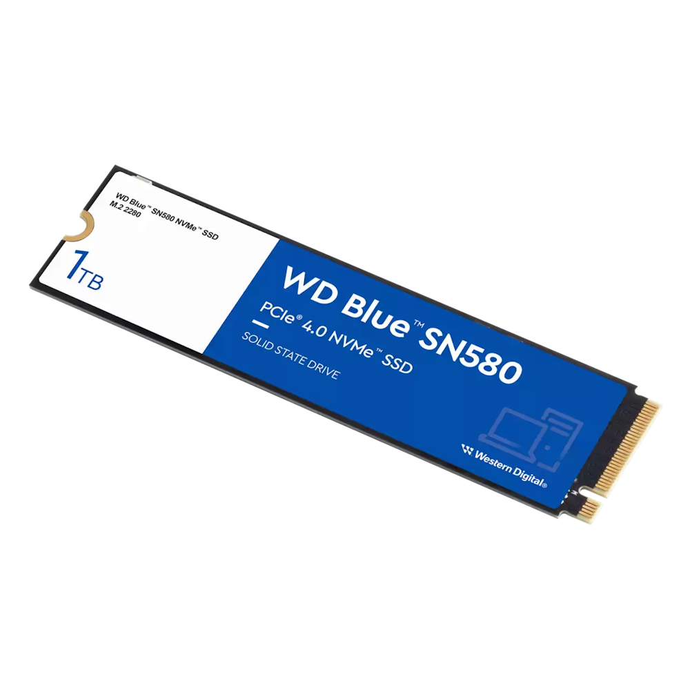 A large main feature product image of WD Blue SN580 PCIe Gen4 NVMe M.2 SSD - 1TB