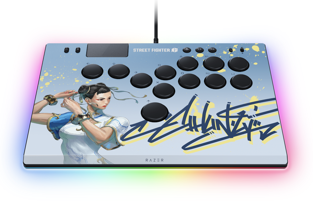 A large main feature product image of Razer Kitsune - All-Button Optical Arcade Controller for PS5 and PC (SF6 Chun-Li Edition)