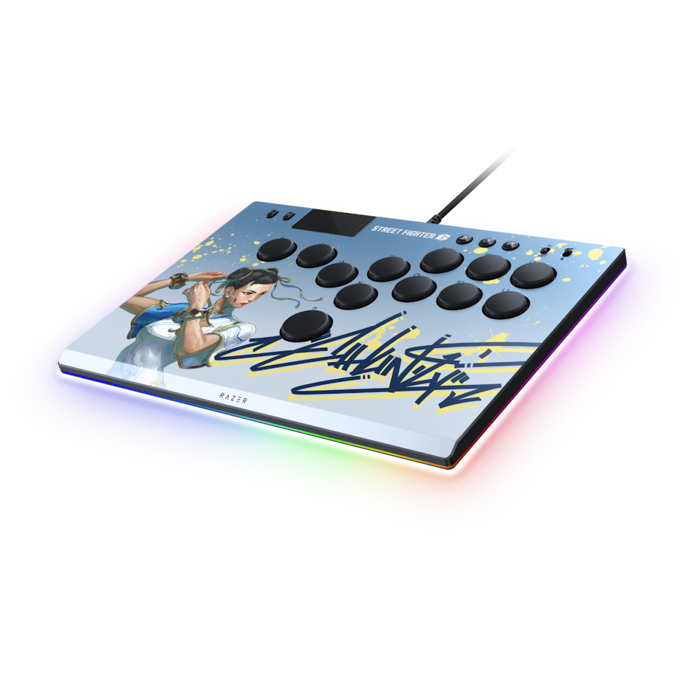 A large main feature product image of Razer Kitsune - All-Button Optical Arcade Controller for PS5 and PC (SF6 Chun-Li Edition)