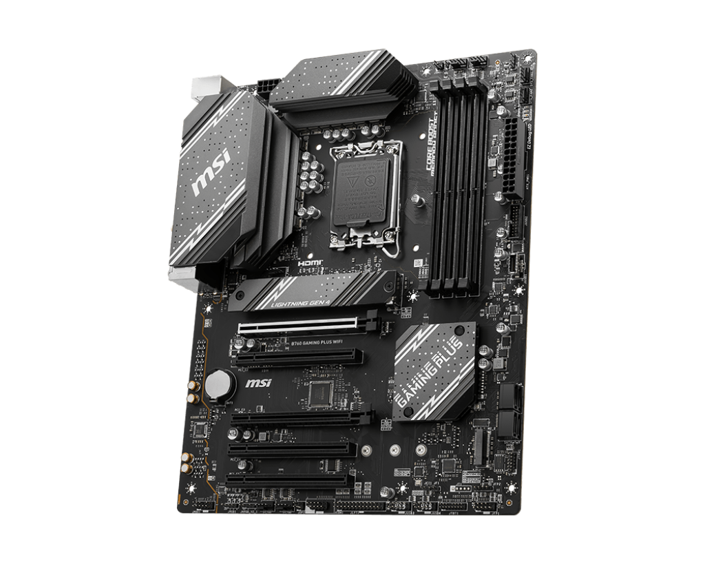 A large main feature product image of MSI MAG B760 Gaming Plus WiFI LGA 1700 ATX Desktop Motherboard