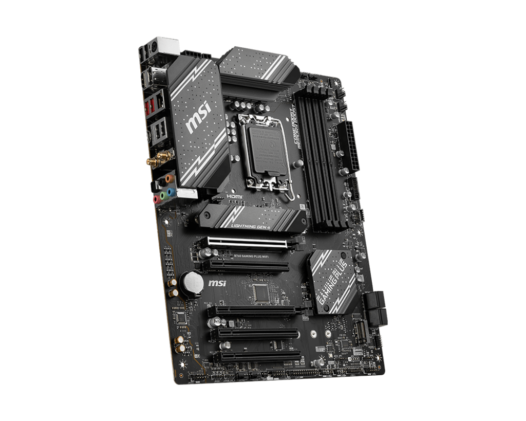 A large main feature product image of MSI MAG B760 Gaming Plus WiFI LGA 1700 ATX Desktop Motherboard