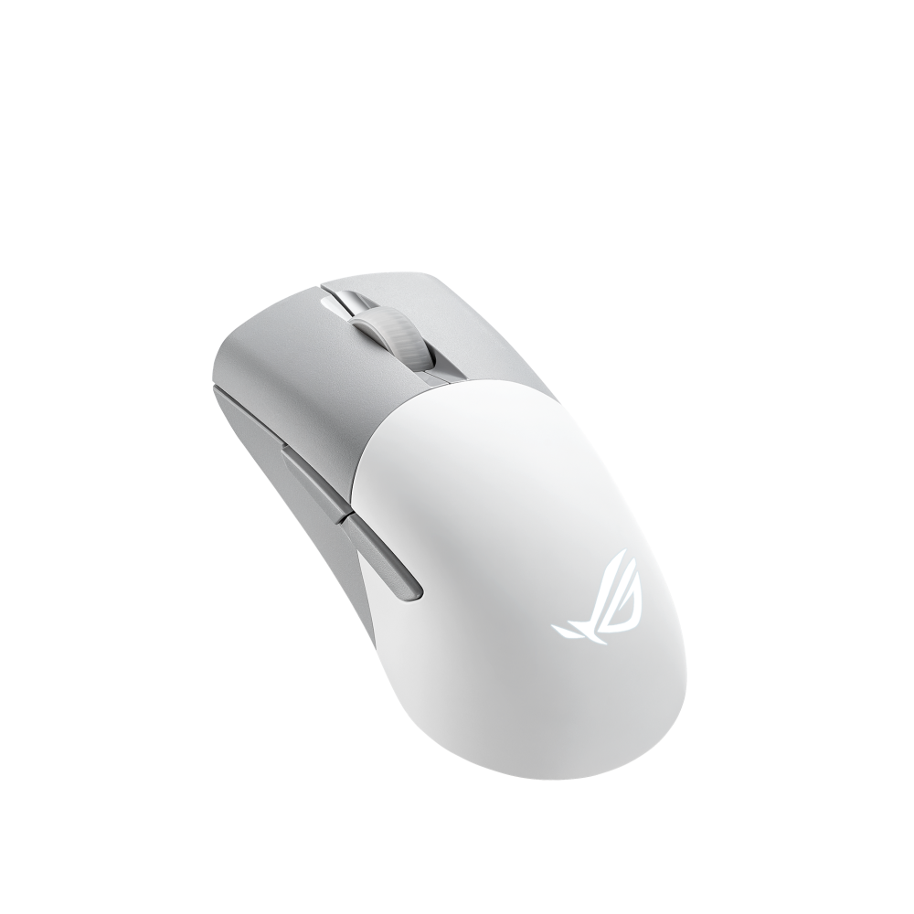 A large main feature product image of ASUS ROG Keris Wireless Aimpoint Gaming Mouse -  Moonlight White