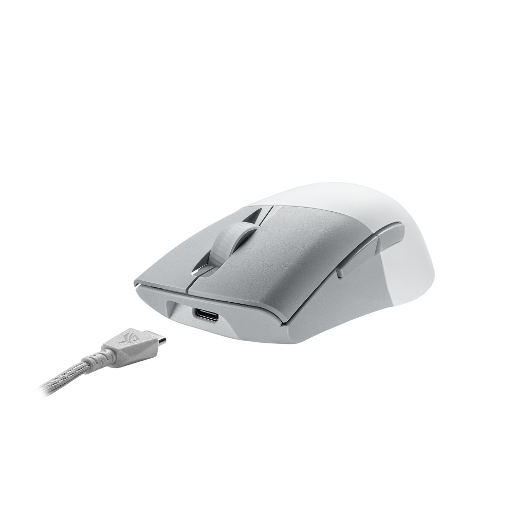 A large main feature product image of ASUS ROG Keris Wireless Aimpoint Gaming Mouse -  Moonlight White