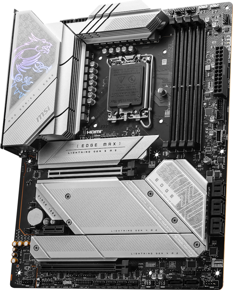 A large main feature product image of MSI MPG Z790 Edge TI Max Wifi LGA1700 ATX Desktop Motherboard