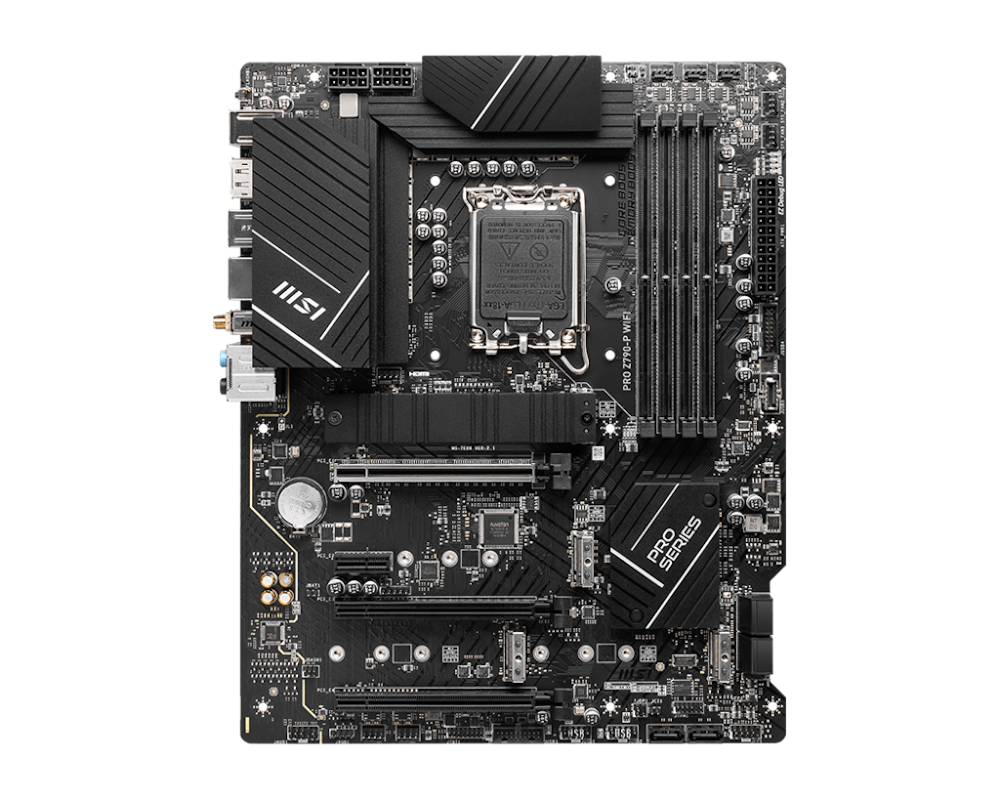 A large main feature product image of MSI PRO Z790-P WiFi LGA1700 ATX Desktop Motherboard