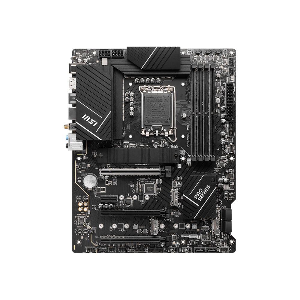 A large main feature product image of MSI PRO Z790-P WiFi LGA1700 ATX Desktop Motherboard