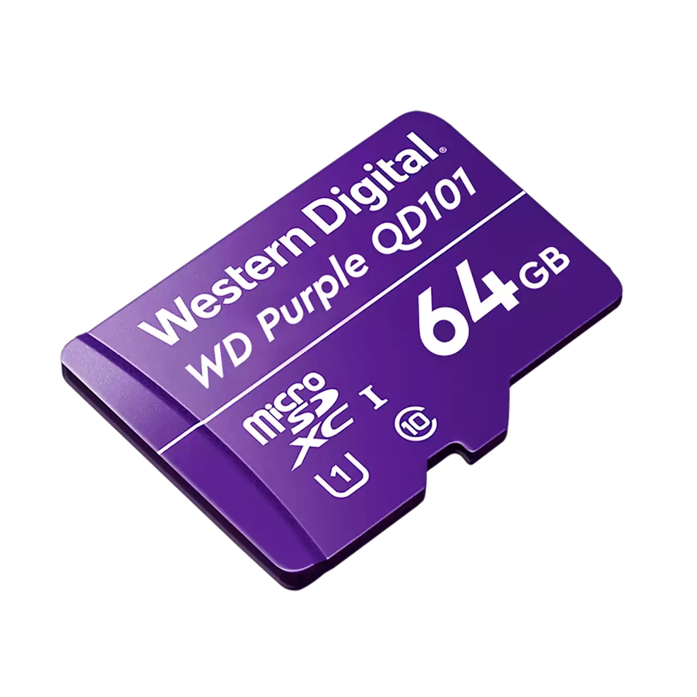 A large main feature product image of WD Purple Surveillance microSD Card - 64GB
