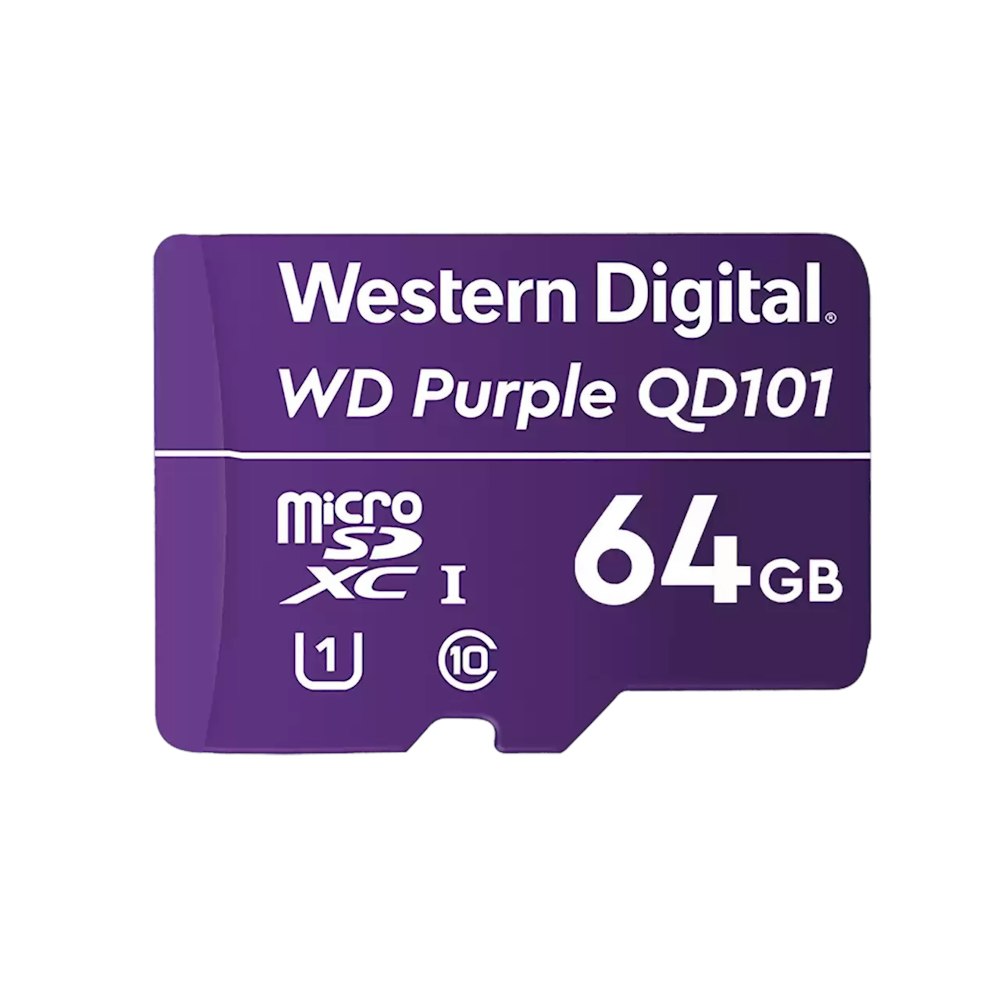 A large main feature product image of WD Purple Surveillance microSD Card - 64GB