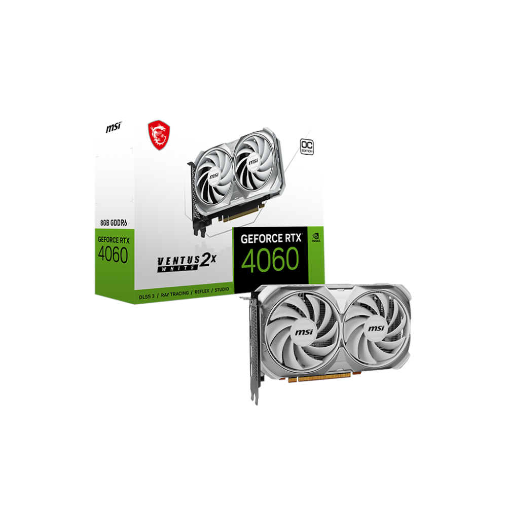 A large main feature product image of MSI GeForce RTX 4060 Ventus 2X OC 8GB GDDR6 - White