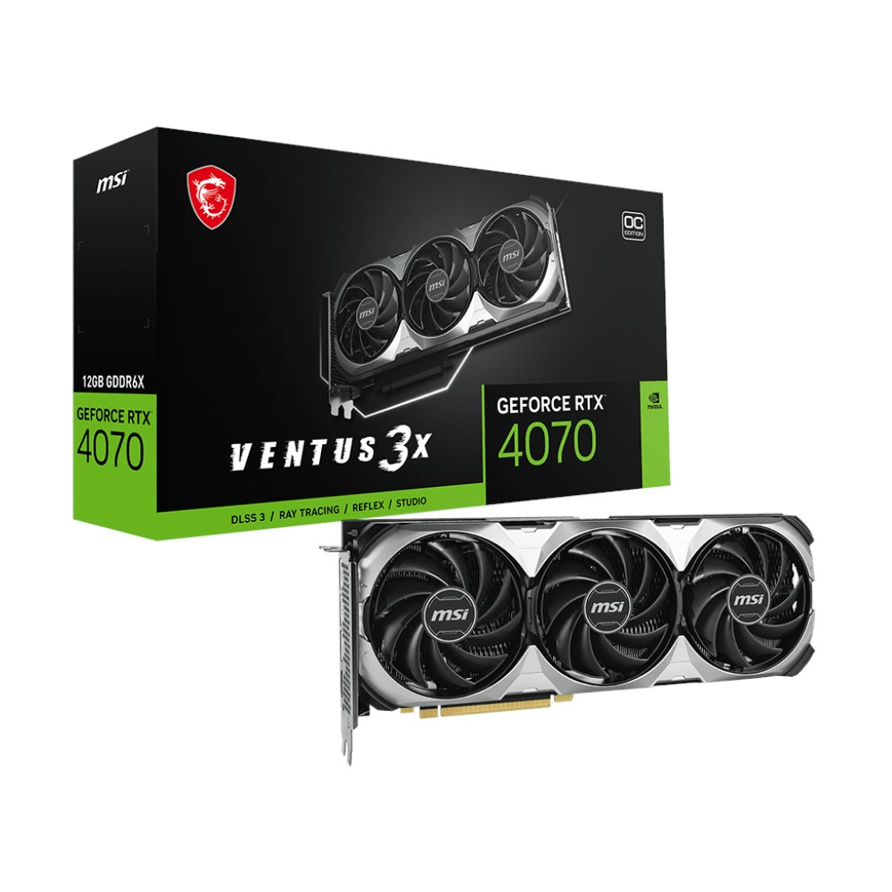 A large main feature product image of MSI GeForce RTX 4070 Ventus 3X E OC 12GB GDDR6