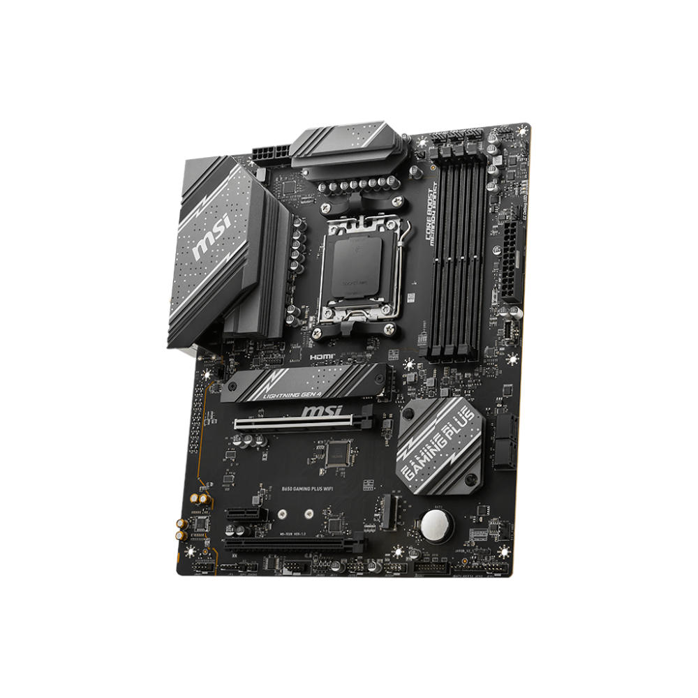 A large main feature product image of MSI B650 Gaming Plus WiFi AM5 ATX Desktop Motherboard