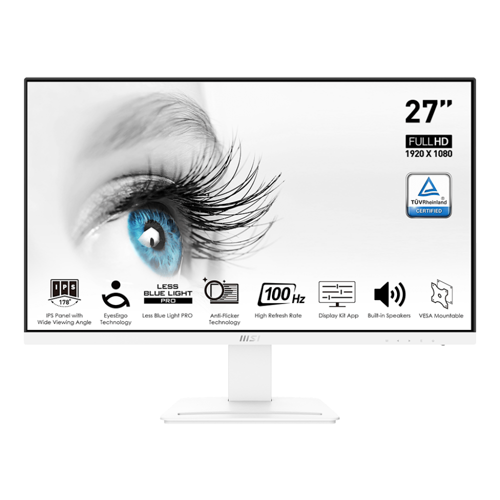 A large main feature product image of MSI PRO MP273AW - 27" 1080p 100Hz IPS Monitor (White)