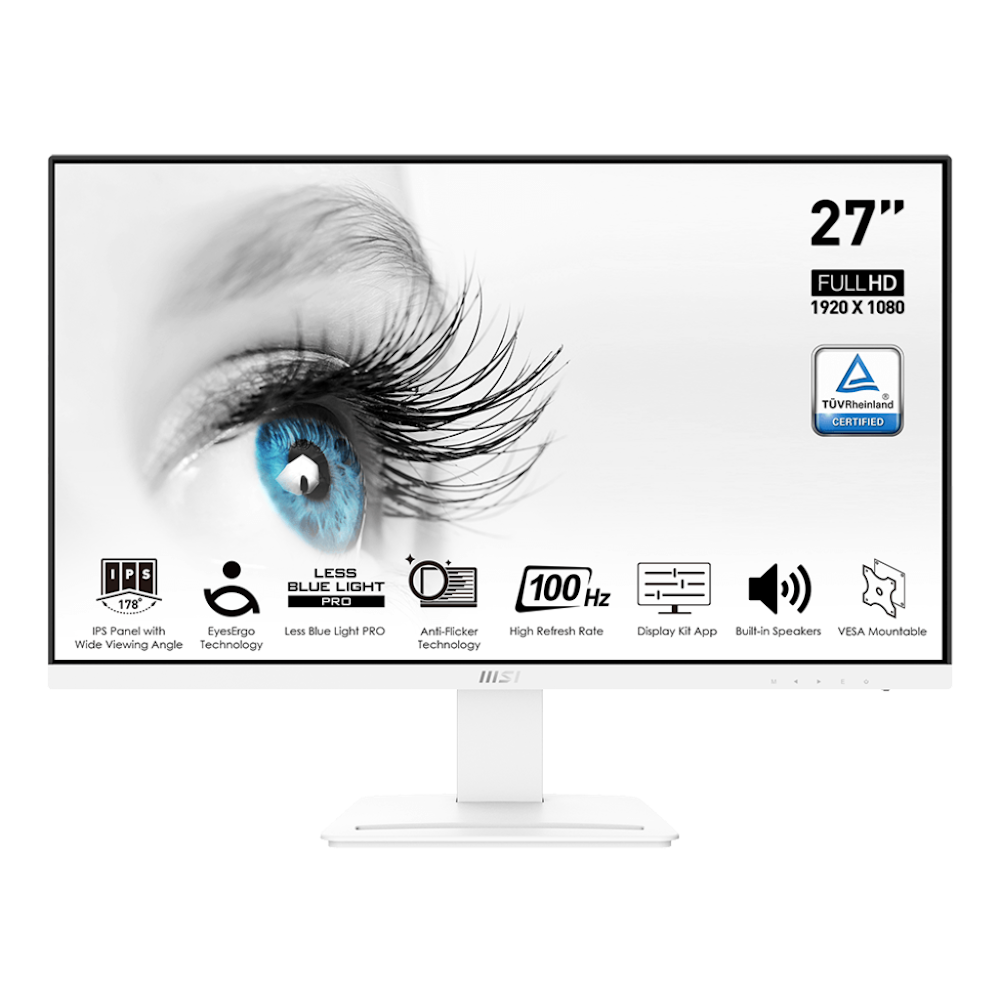 A large main feature product image of MSI PRO MP273AW 27" FHD 100Hz 1MS IPS W-LED Monitor - White