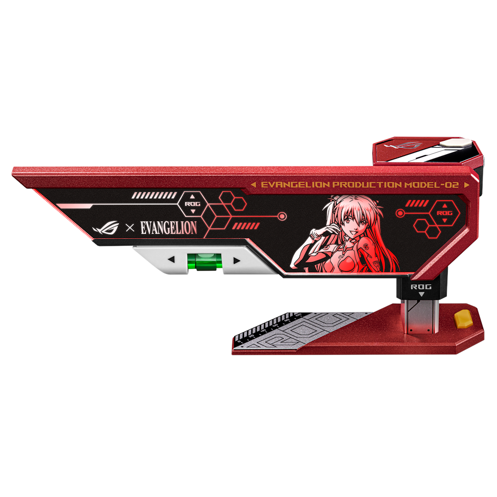 A large main feature product image of ASUS ROG Herculx Graphics Card Holder - EVA-02 Edition