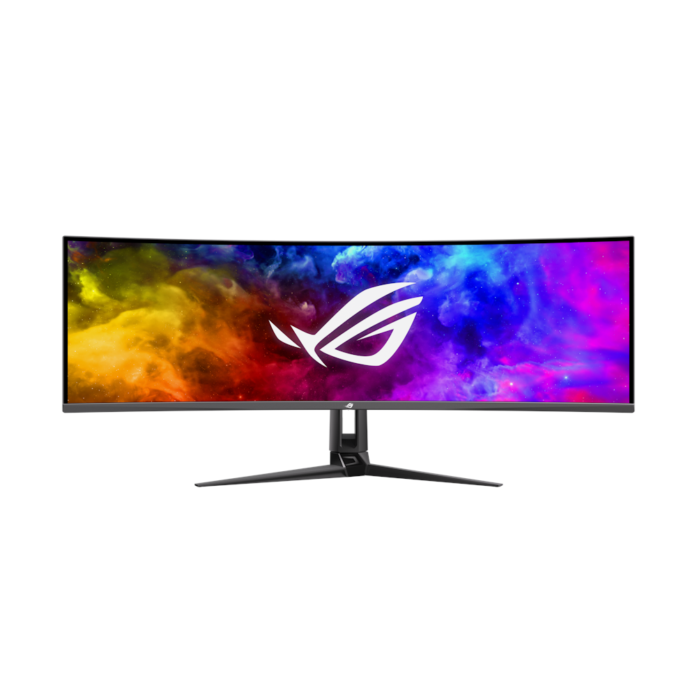 A large main feature product image of ASUS ROG Swift PG49WCD 49" Curved DQHD Ultrawide 144Hz OLED Monitor