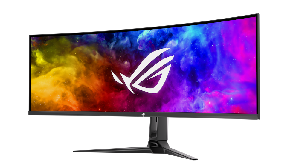 A large main feature product image of ASUS ROG Swift PG49WCD 49" Curved DQHD Ultrawide 144Hz OLED Monitor