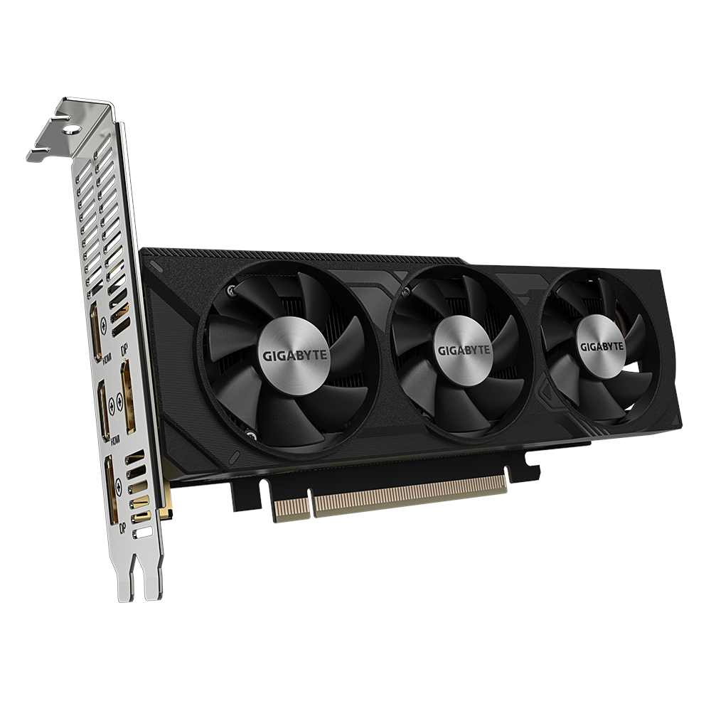 A large main feature product image of Gigabyte GeForce RTX 4060 OC Low Profile 8GB GDDR6