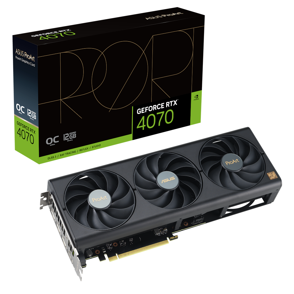 A large main feature product image of ASUS GeForce RTX 4070 ProArt OC 12GB GDDR6X