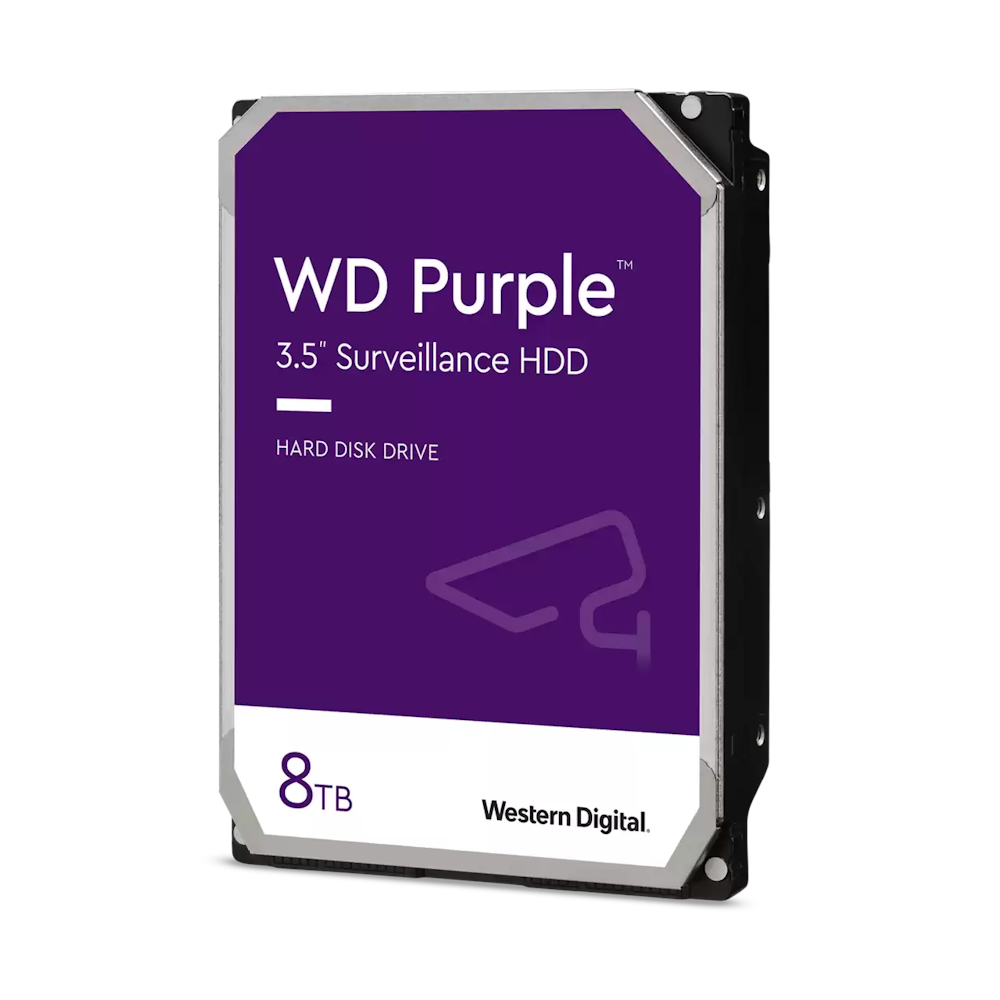 A large main feature product image of WD Purple 3.5" Surveillance HDD - 8TB 128MB