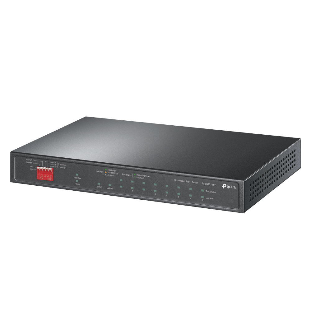 A large main feature product image of TP-Link SG1210PP - 10-Port Gigabit Desktop Switch with 6-Port PoE+ and 2-Port PoE++