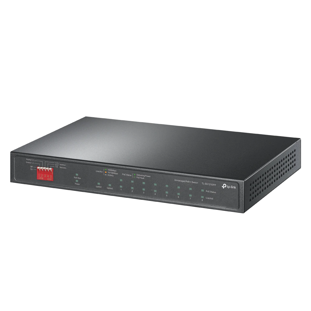 A large main feature product image of TP-Link SG1210PP - 10-Port Gigabit Desktop Switch with 6-Port PoE+ and 2-Port PoE++