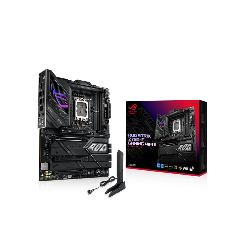 A large main feature product image of ASUS ROG Strix Z790-E Gaming WiFi II LGA1700 ATX Desktop Motherboard