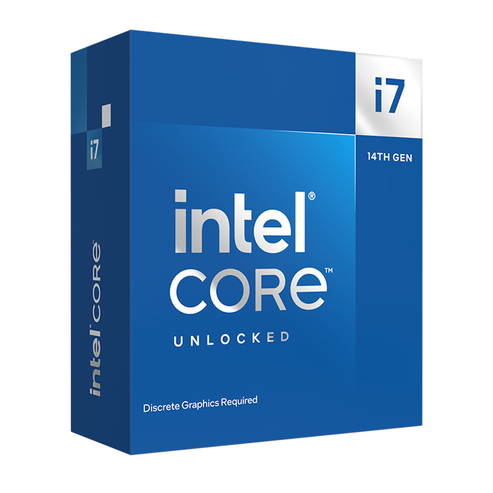 A large main feature product image of Intel Core i7 14700KF Raptor Lake 20 Core 28 Thread Up To 5.6GHz - No HSF/No iGPU Retail Box