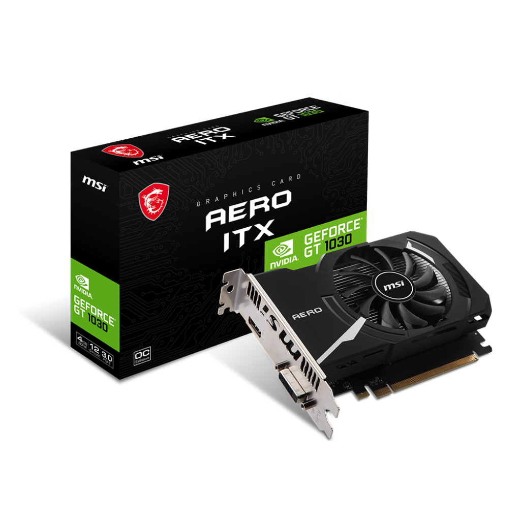 A large main feature product image of MSI GeForce GT 1030 Aero ITX OC 4GB DDR4
