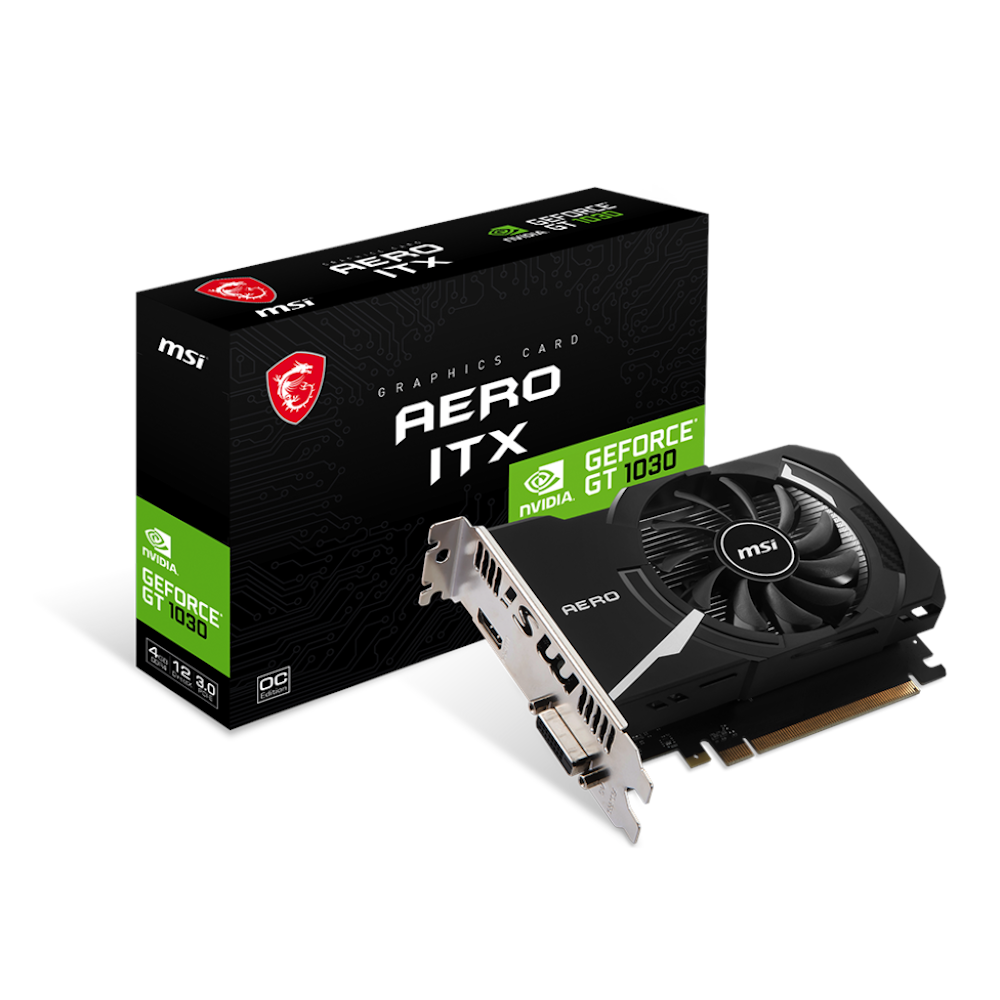 A large main feature product image of MSI GeForce GT 1030 Aero ITX OC 4GB DDR4