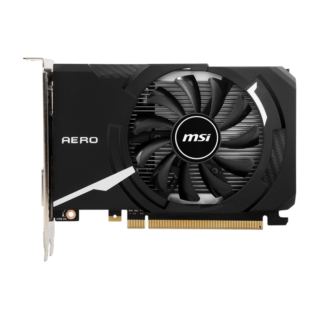 A large main feature product image of MSI GeForce GT 1030 Aero ITX OC 4GB DDR4