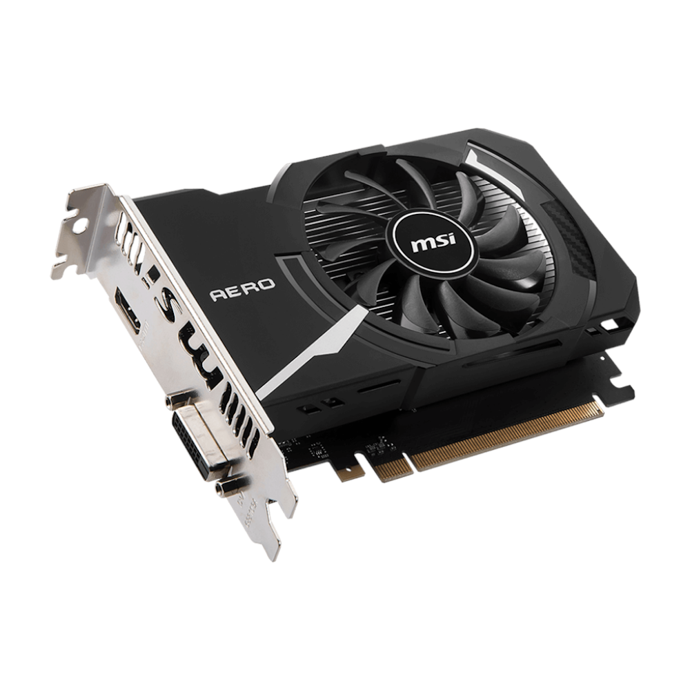 A large main feature product image of MSI GeForce GT 1030 Aero ITX OC 4GB DDR4