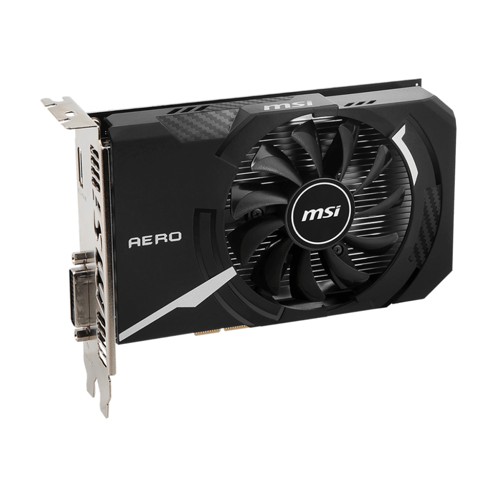 A large main feature product image of MSI GeForce GT 1030 Aero ITX OC 4GB DDR4