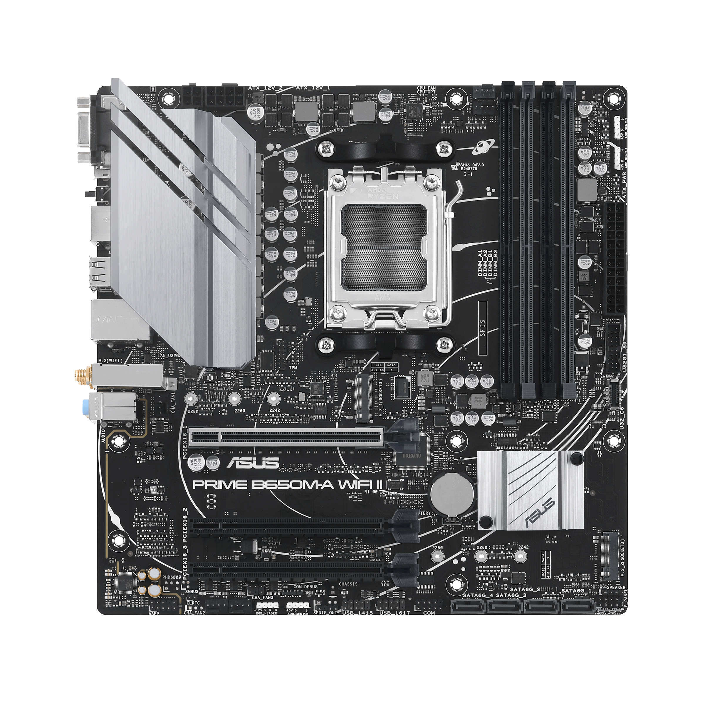 A large main feature product image of ASUS PRIME B650M-A WIFI II CSM AM5 DDR5 mATX Desktop Motherboard