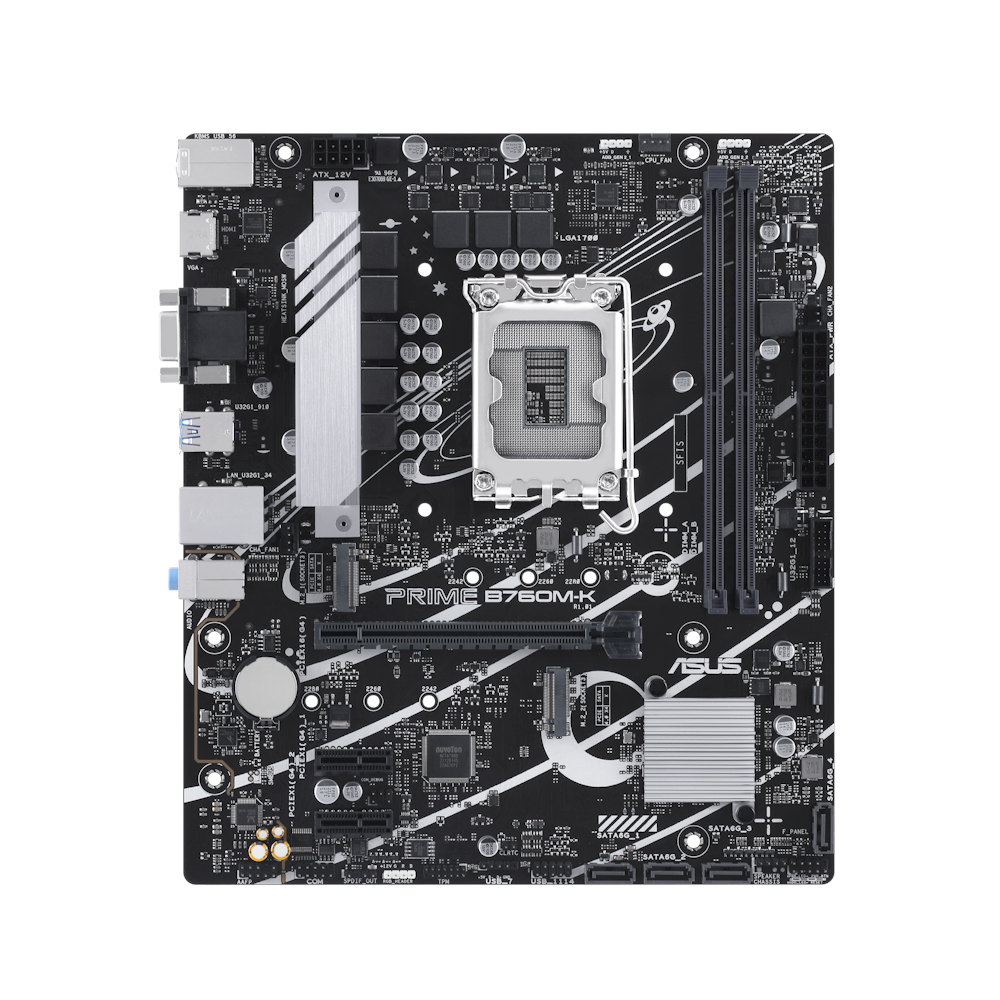 A large main feature product image of ASUS Prime B760M-K DDR5 LGA1700 mATX Desktop Motherboard