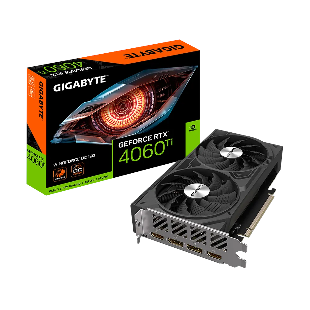 A large main feature product image of Gigabyte GeForce RTX 4060 Ti Windforce OC 16GB GDDR6