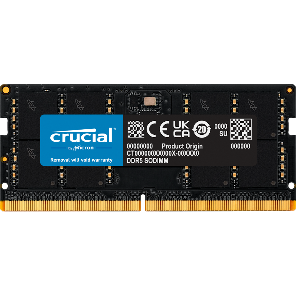 A large main feature product image of Crucial 32GB Single (1x32GB) DDR5 SO-DIMM CL46 5600Mhz