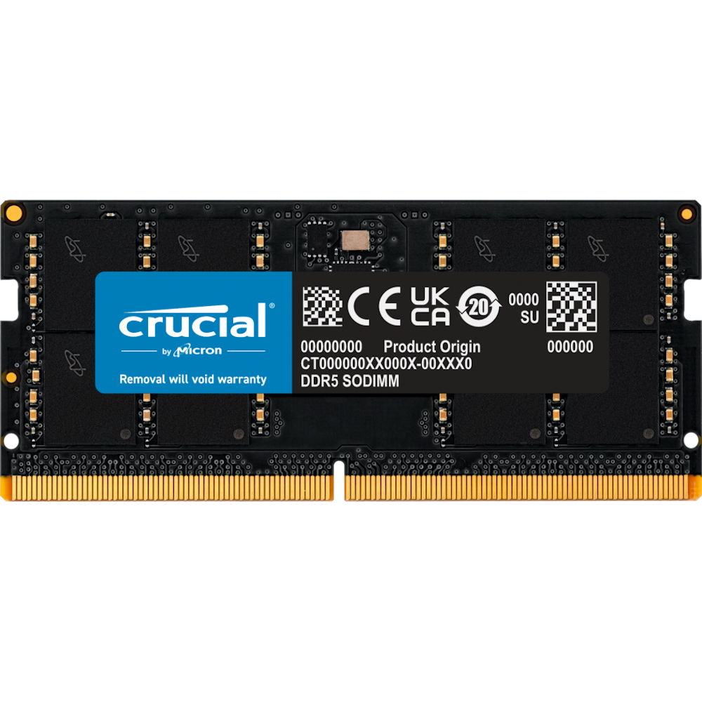 A large main feature product image of Crucial 32GB Single (1x32GB) DDR5 SO-DIMM CL46 5600Mhz