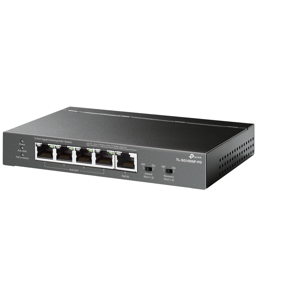 A large main feature product image of TP-Link TL-SG1005P-PD - 5-Port Gigabit  Desktop PoE+ Switch 