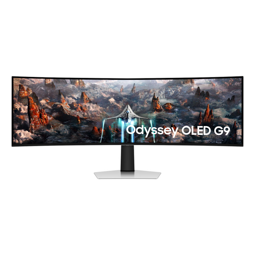 A large main feature product image of Samsung Odyssey G9 OLED G9 49" Curved 1440p Ultrawide 240Hz OLED Monitor