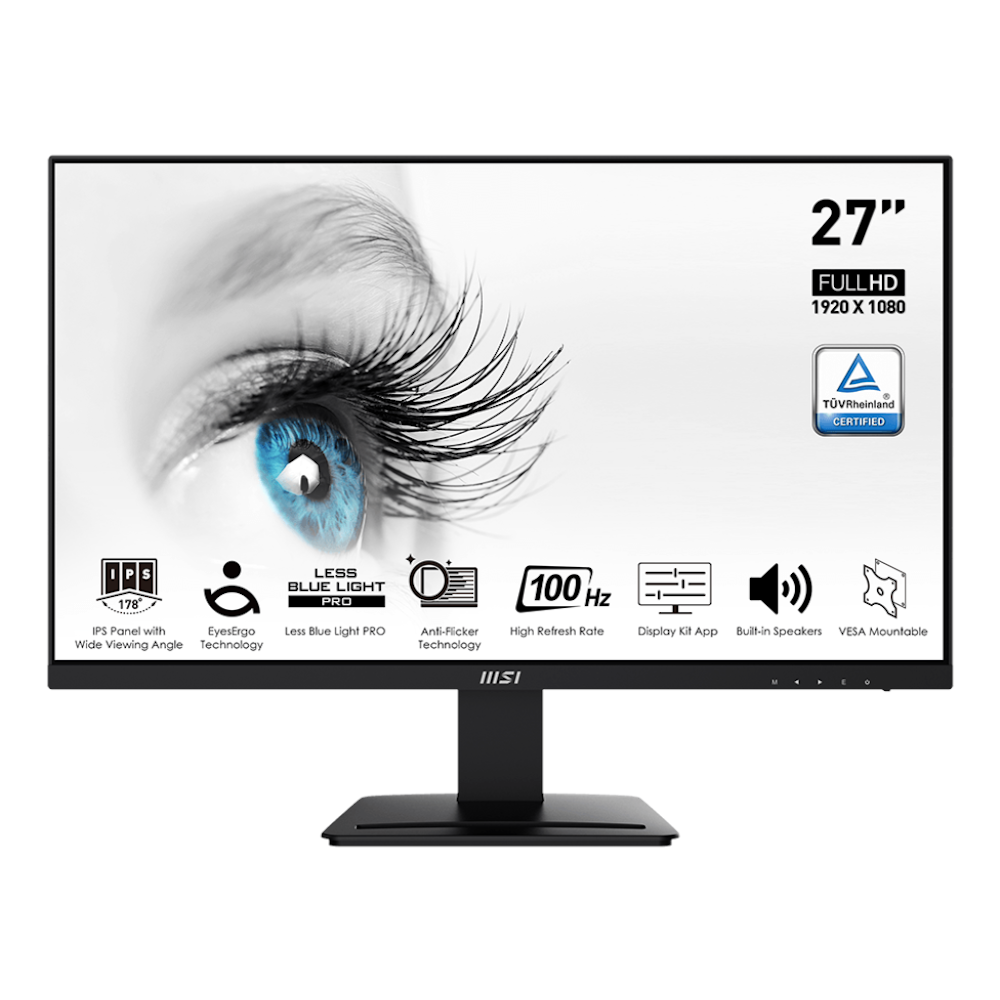 A large main feature product image of MSI PRO MP273A - 27" 1080p 100Hz IPS Monitor