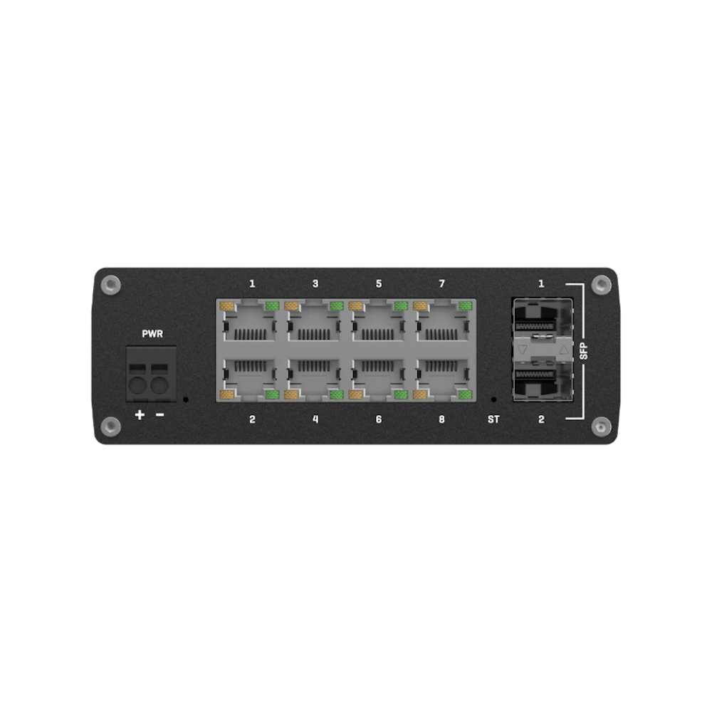 A large main feature product image of Teltonika TSW212 - L2 Teltonika Networks managed switch with additional L3 features, 8 x Gigabit Ethernet ports & 2 x SFP ports