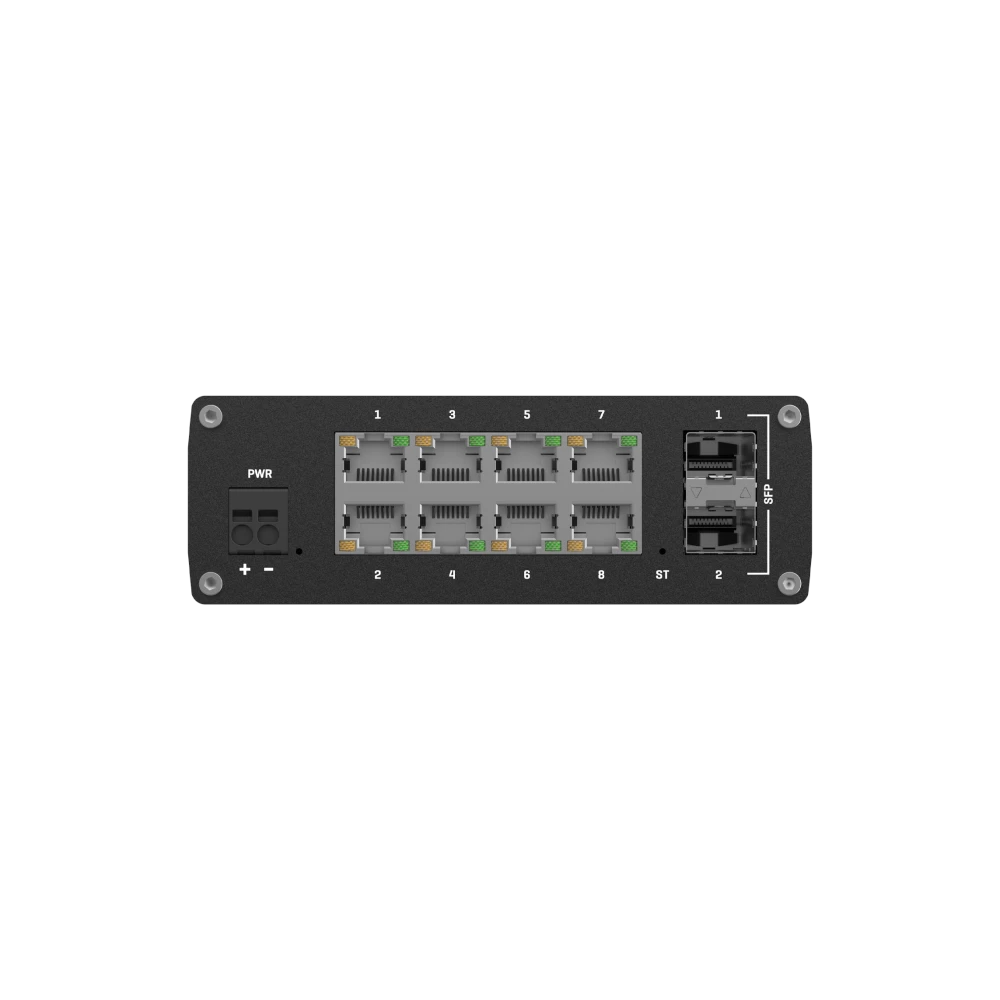 A large main feature product image of Teltonika TSW212 - L2 Teltonika Networks managed switch with additional L3 features, 8 x Gigabit Ethernet ports & 2 x SFP ports