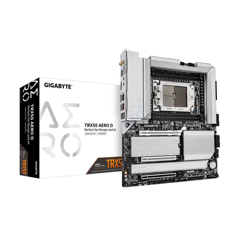 A large main feature product image of Gigabyte TRX50 AERO D sTR5 eATX Desktop Motherboard 