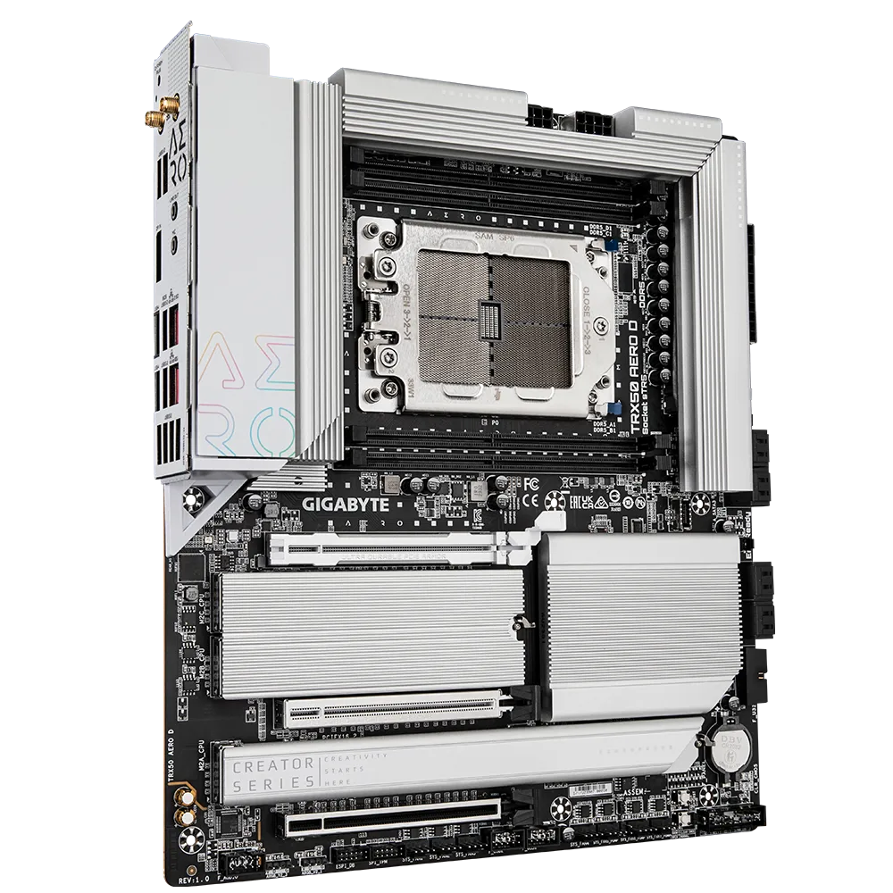 A large main feature product image of Gigabyte TRX50 AERO D sTR5 eATX Desktop Motherboard 
