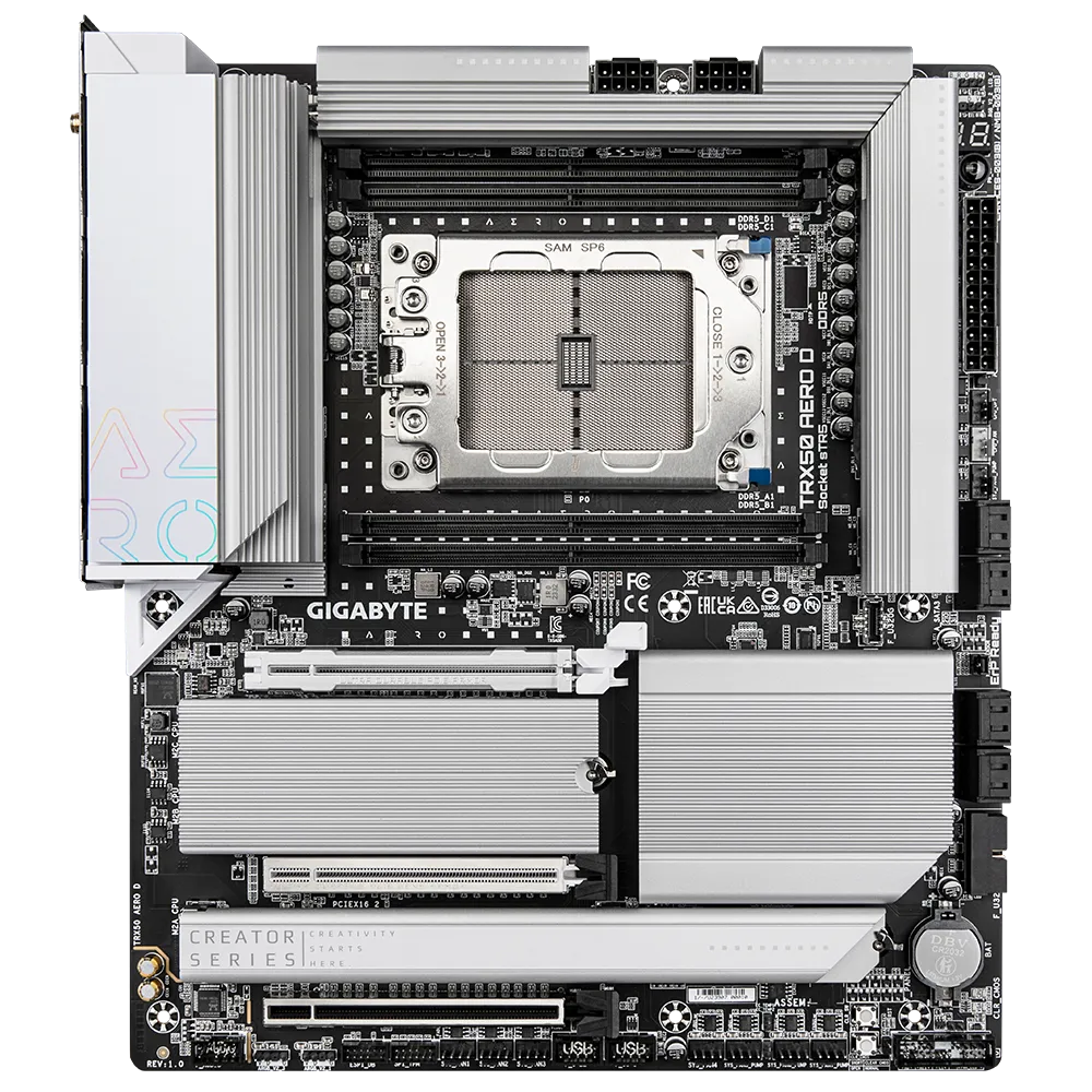 A large main feature product image of Gigabyte TRX50 AERO D sTR5 eATX Desktop Motherboard 